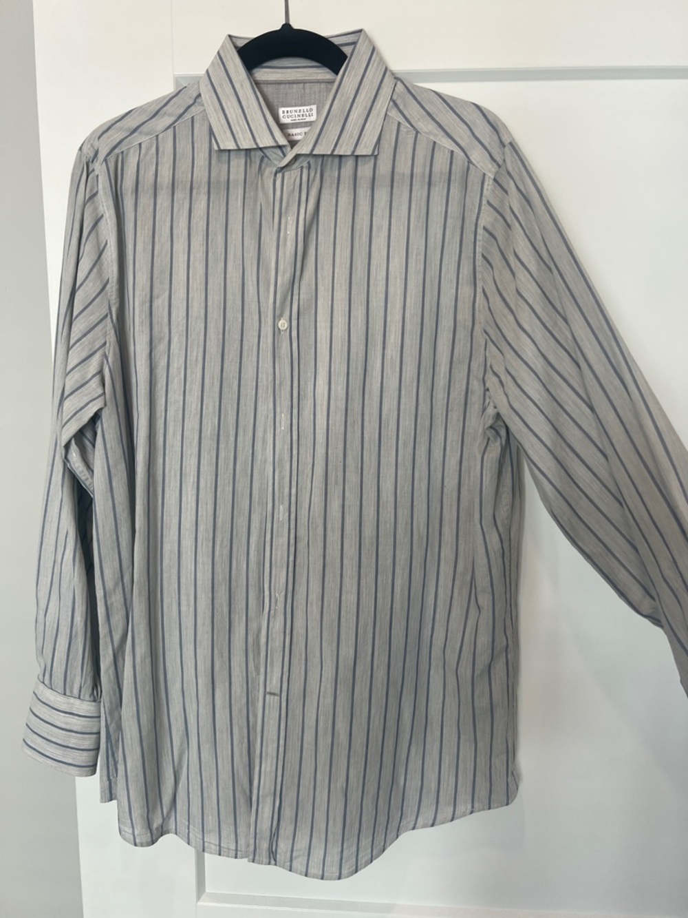 Brunello Cucinelli Light Gray Shirt with Navy Pinstripes